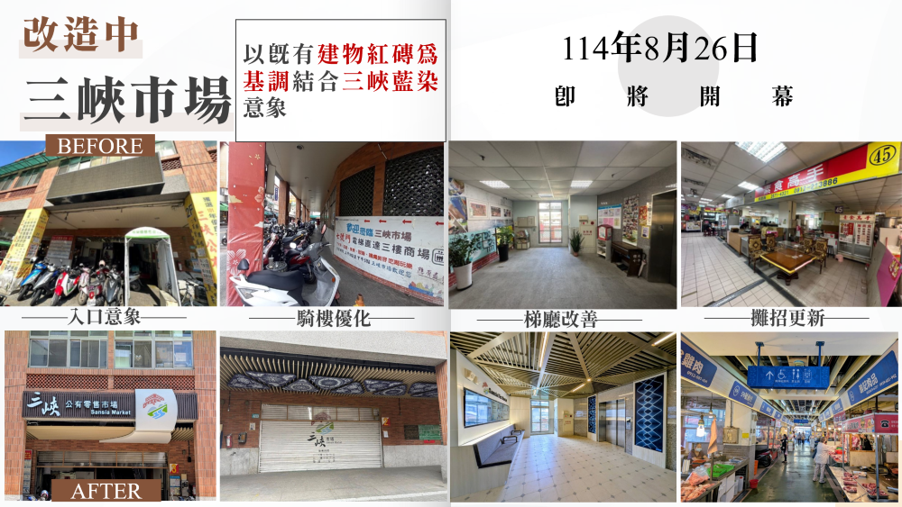 不只買菜也是生活舞台 新北翻轉市場新風貌 4 《圖說》改造中的三峽市場,即將在本月26日開幕,透過入口意象、騎樓、梯廳及攤招更新為老市場帶來新風貌,同時也結合三峽藍染的傳統在地元素。〈經發局提供〉