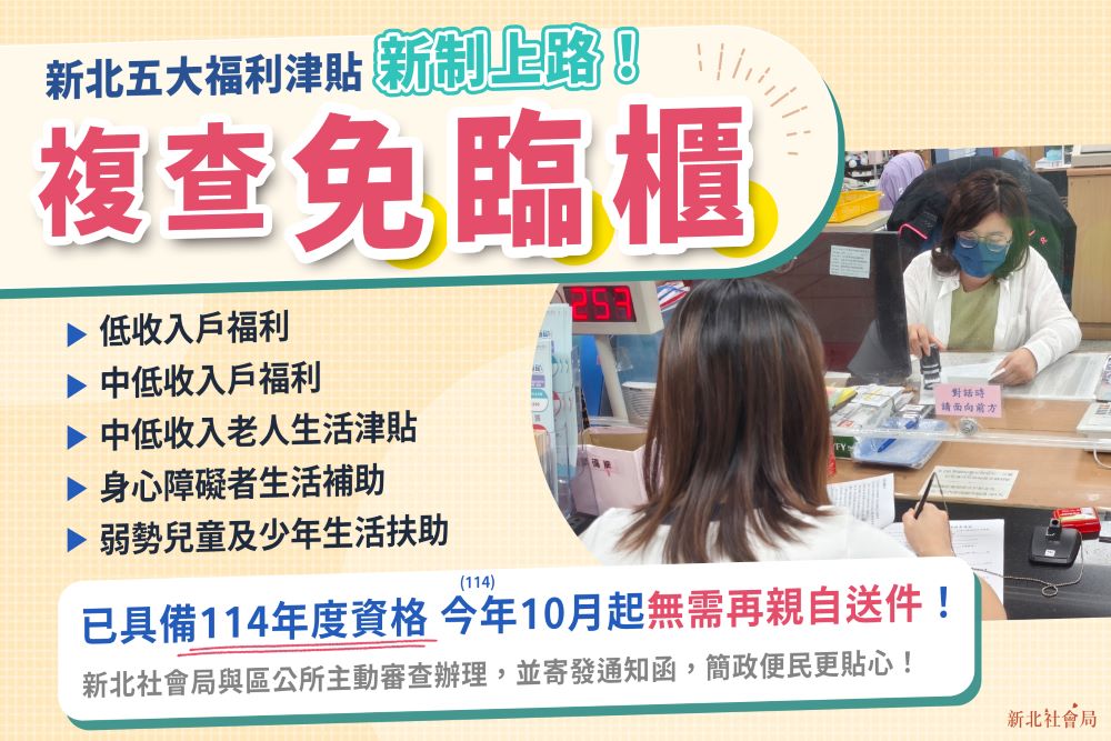 《圖說》新北五大福利津貼免臨櫃複查。〈社會局提供〉