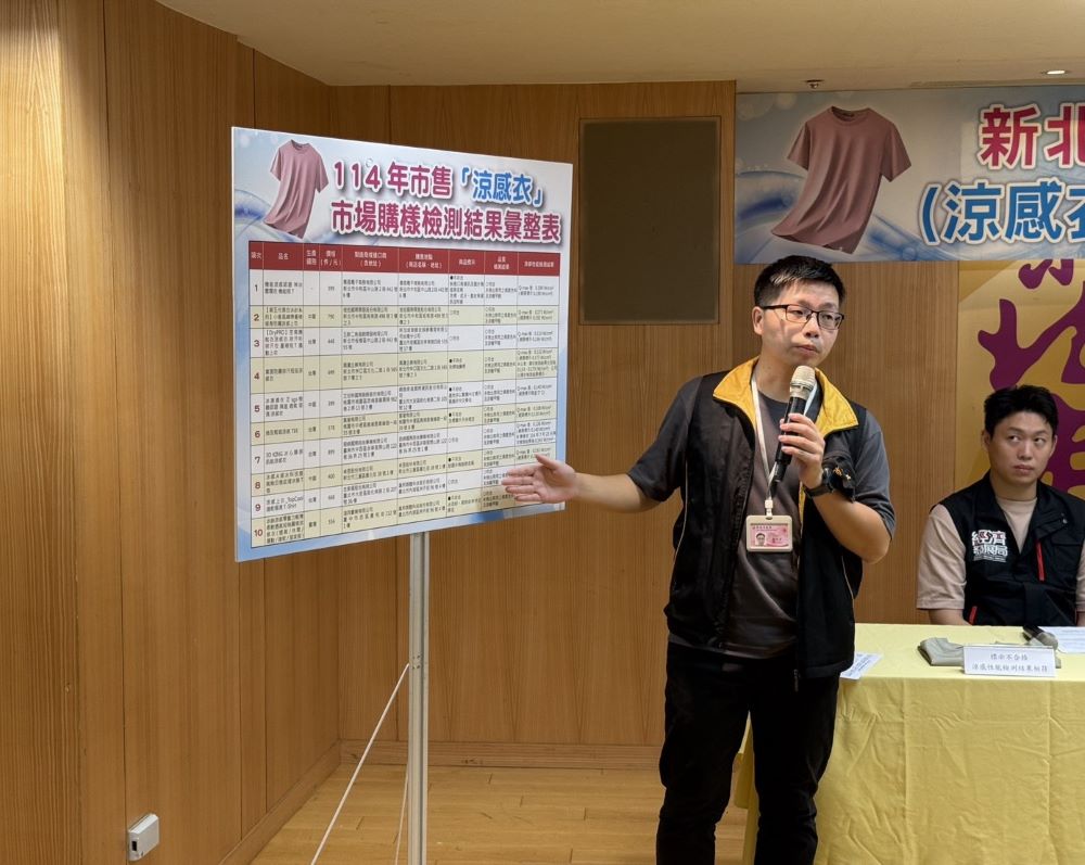 瞬間涼感? 市售10款涼感衣檢驗秒懂 2 《圖說》消保官鄭忠育說明涼感衣市場購樣檢測結果。〈法制局提供〉