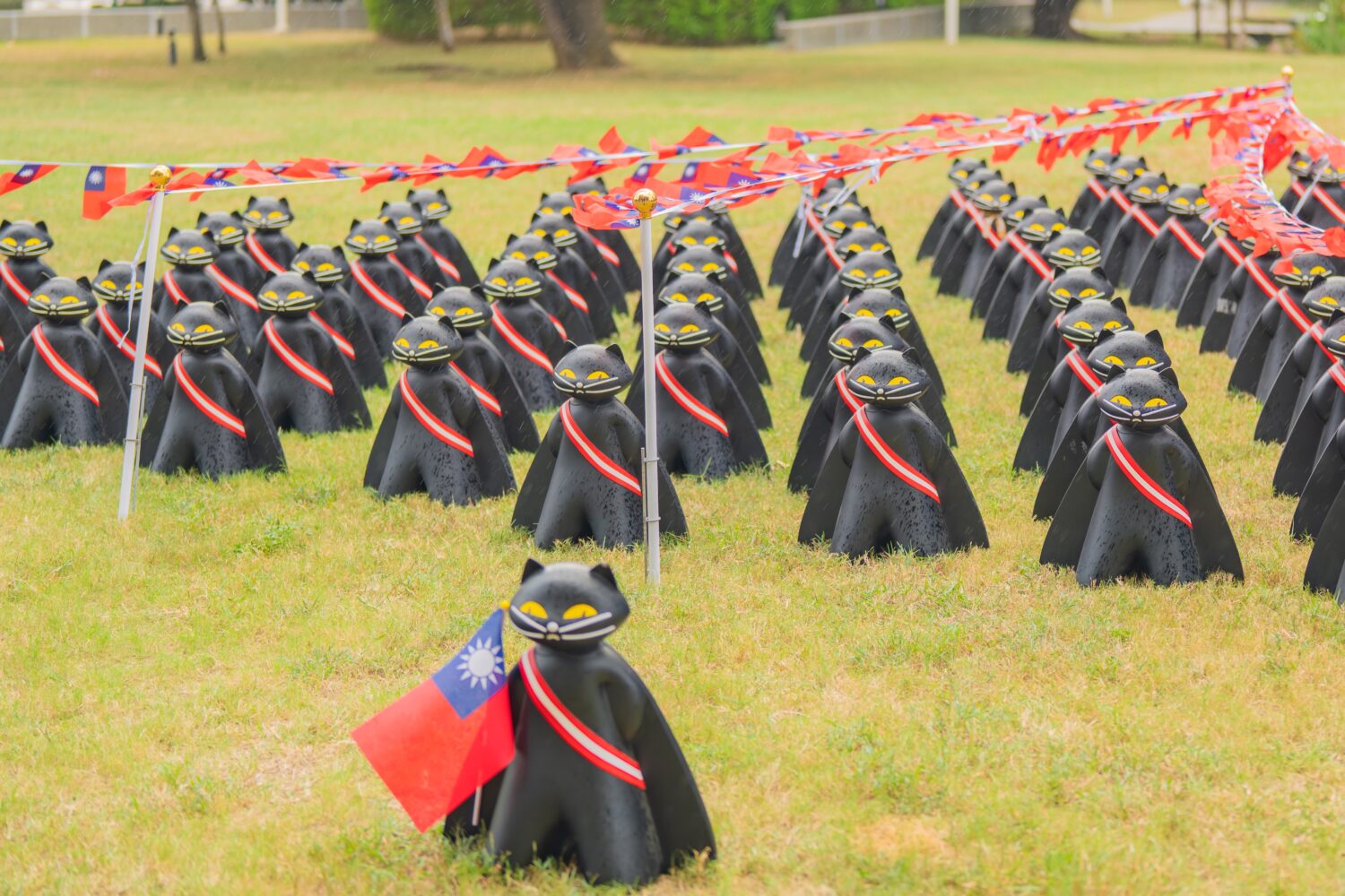 70隻黑貓裝置藝術整隊升旗現身風禾公園。（記者翻攝）