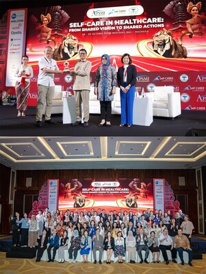 Top: Rachmadi Joesoef, Chairman of Asia Pacific Self Medication Industry (APSMI), presenting a token of appreciation for Prof. dr. Taruna Ikrar, M. Biomed, PhD, Head of Indonesian FDA, witnessed by Dr Junko Sato, Co-Chair of Self-CARER (PMDA Japan). Bottom: Regulators and Industry Representatives from 11 Countries/Regions come together for Self Care in Asia Pacific.