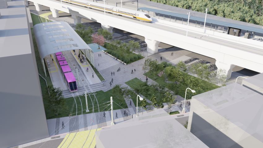 高架車站數增7站 泰板輕軌可研將五度送審 9 《圖說》泰板輕軌F21站轉乘台鐵浮洲站僅30秒。〈捷運局提供〉