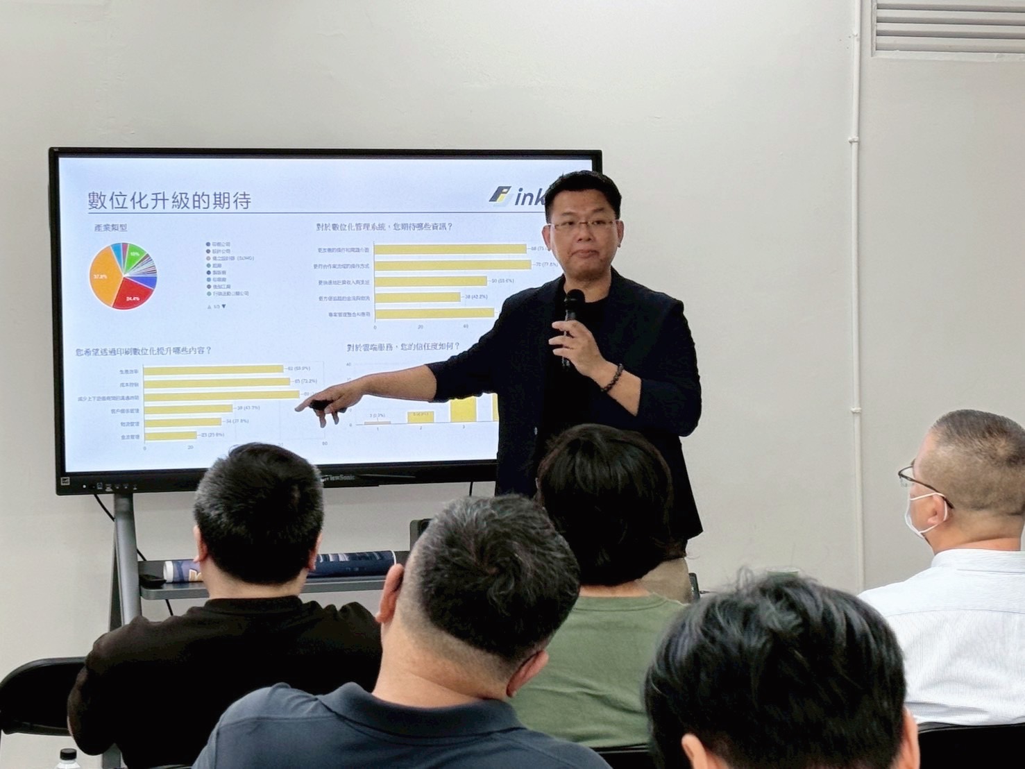 印事科技創辦人余昌展於「智慧印刷生態圈說明會」中分享產業調查結果，解析印刷業者對數位化升級的期待與痛點，現場反應熱烈。（圖／記者林照東翻攝）