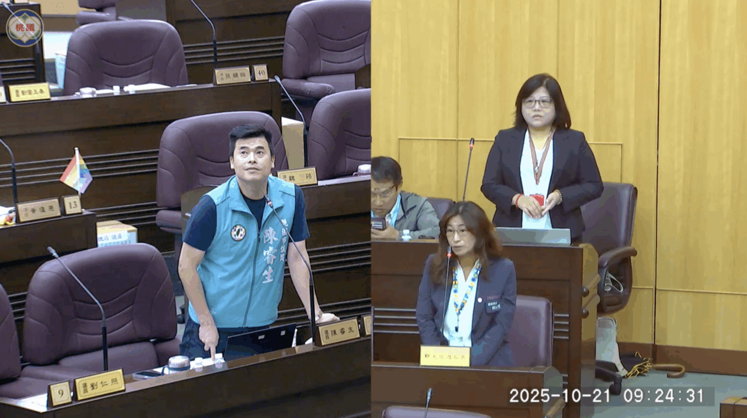 桃園市議員陳睿生（左）、桃園市觀光旅遊局長陳靜芳（右）。（圖／桃園市議會議事錄影）