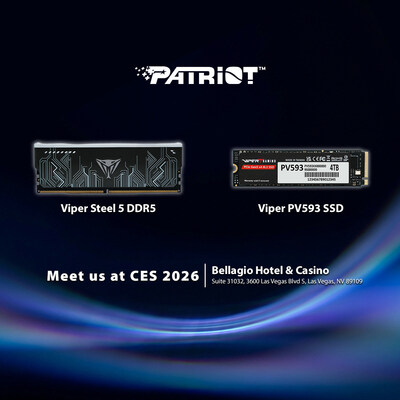 博帝科技 (Patriot Memory) 將於 CES 2026 期間展示包含 Viper Steel 5 DDR5 記憶體與旗艦級 Viper PV593 Gen5 SSD 在內的最新高效能解決方案。