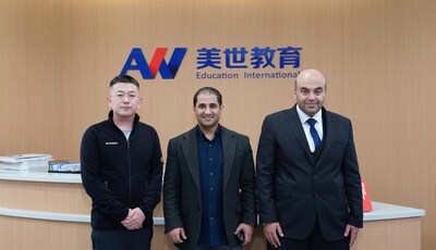 Group photo of Wang Jing (left), Founder and CEO of AW Education International, Dr. Ahmed (center), former Cultural and Education Attaché of Saudi Arabia to China, and Abdallah (right), Executive Director and President of a leading Saudi education institution.