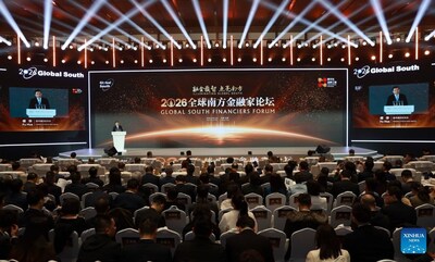 President of Xinhua News Agency Fu Hua addresses the main forum of the 2026 Global South Financiers Forum in Beijing, capital of China, March 25, 2026. The 2026 Global South Financiers Forum opened in Beijing on Wednesday under the theme 