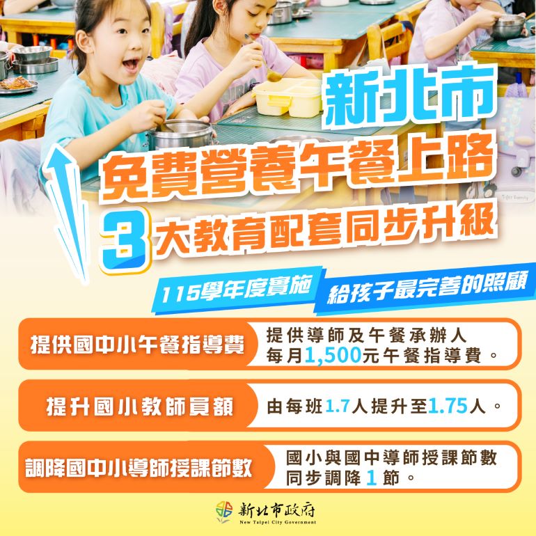 《圖說》新北免費營養午餐上路 3大教育配套同步升級。〈教育局提供〉