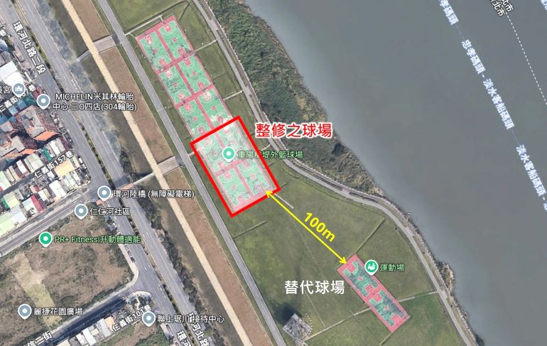 《圖說》整修之球場位置及周圍替代球場相對位置。〈高灘處提供〉